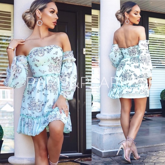 Paris&Pearle Dresses & Skirts - Dreamer Turquoise Floral Off The Shoulder Dress